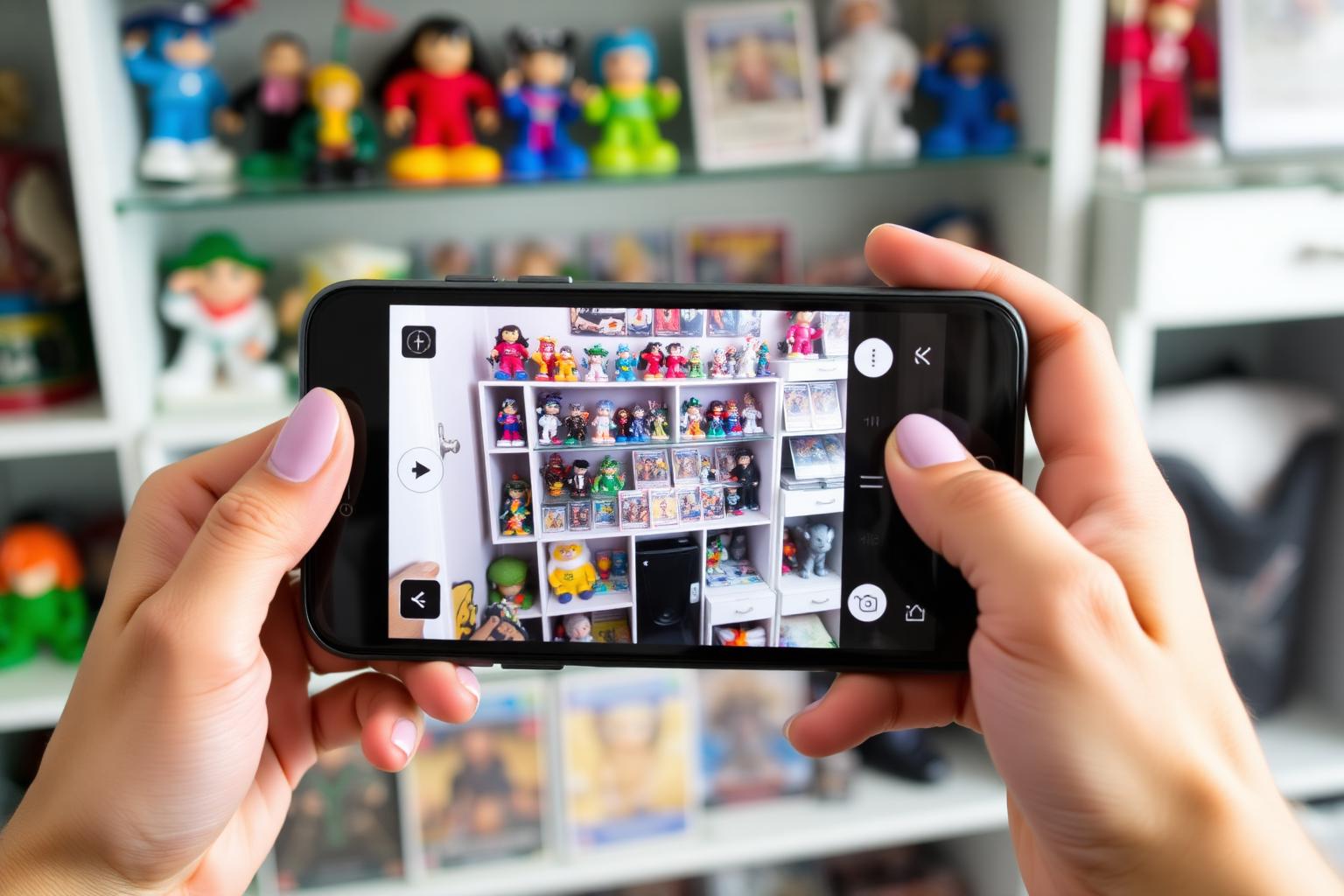Hand filmt mit dem Smartphone ein Regal voller Sammlerfiguren für den Keepster Video-Scan